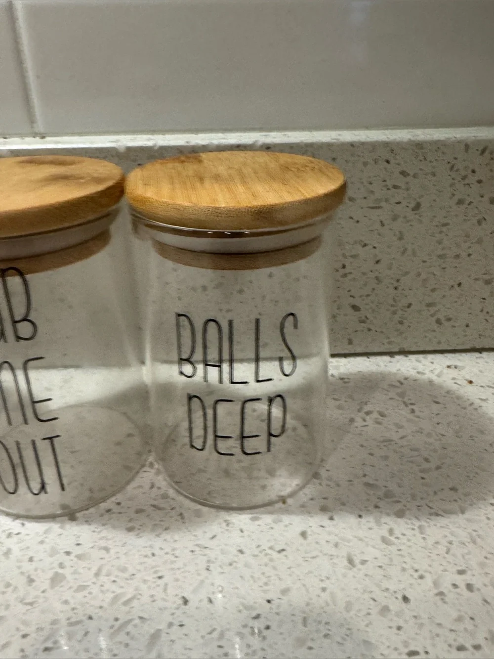 Bathroom Vanity Glass Storage Containers Funny Titles with Bamboo Lids for Cotto